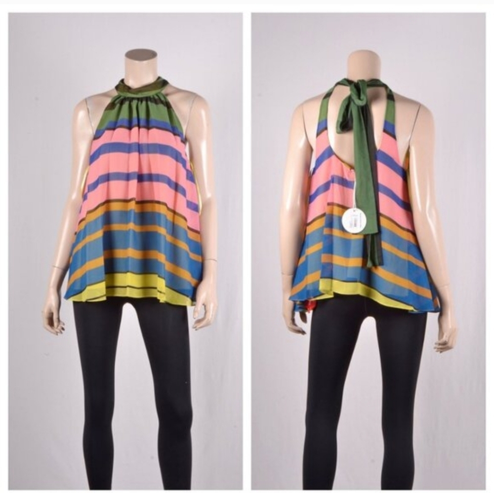 Striped Halter Neck Tank Top in Pink, Blue, Green & Yellow